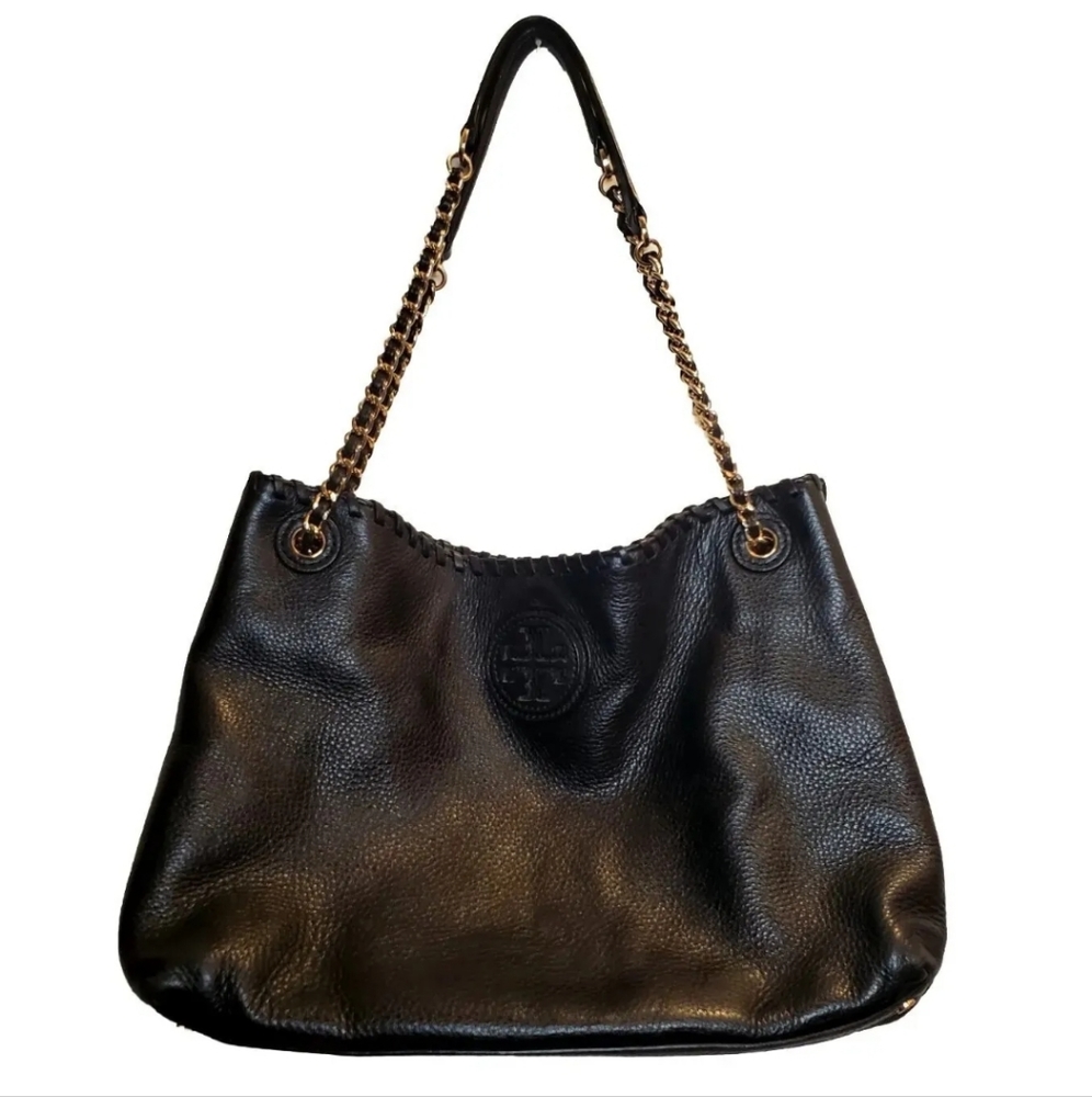 Tory Burch Marion Large Pebble Leather Shoulder Bag Chain Straps Black